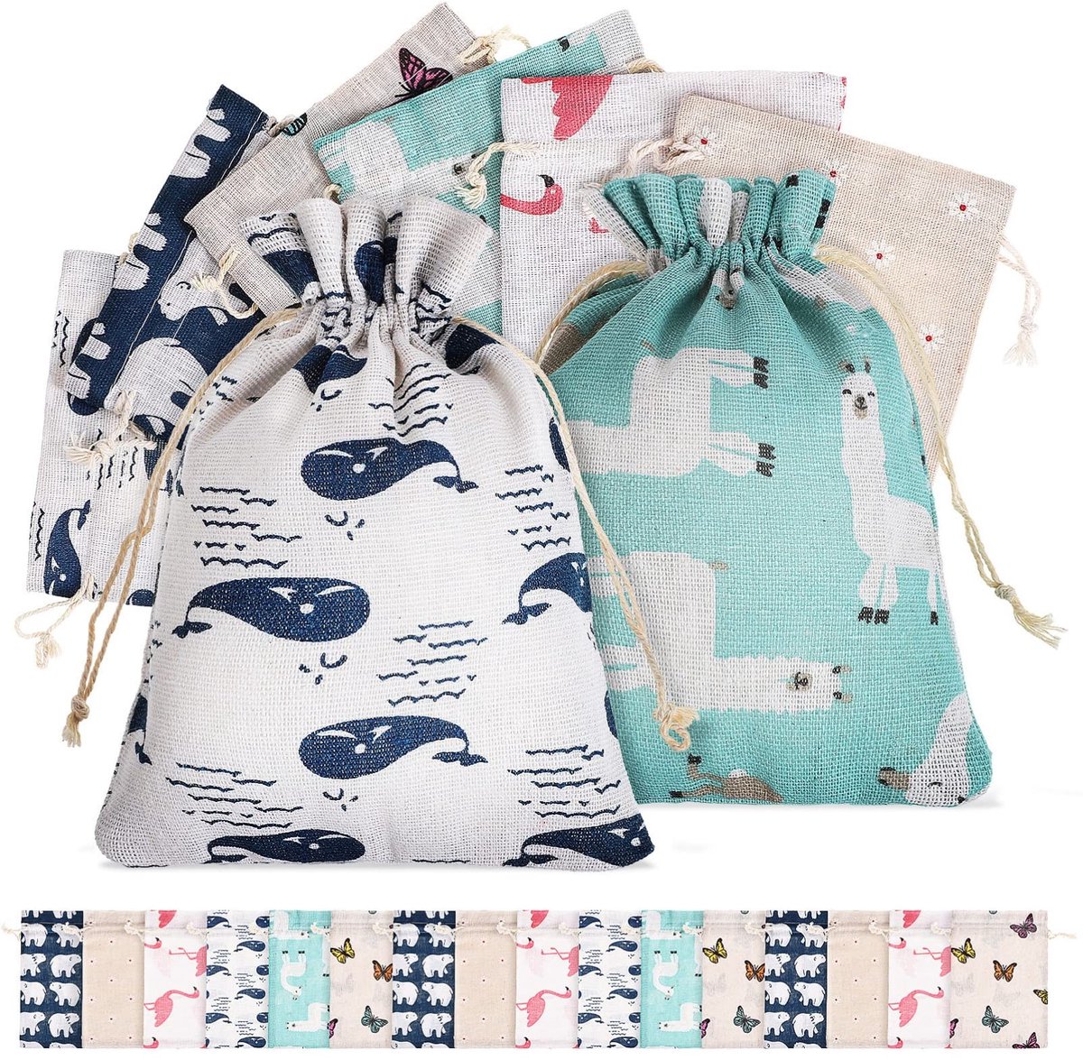 Allecto - Jutezakken - Geschenktassen - 24 Stuks - Bloem, Alpaca, Vlinder, Flamingo - Perfect voor Sieraden en Bedankjes - 13 x 18 cm