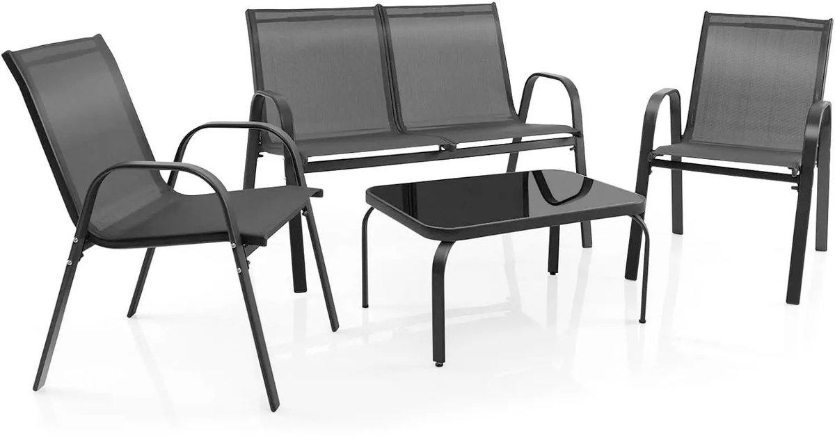 Archi Tuinset – Loungeset - 4-Persoons Loungeset – Met Gehard Glazen Salontafel – Voor Tuin, Balkon & Terras - Zwart