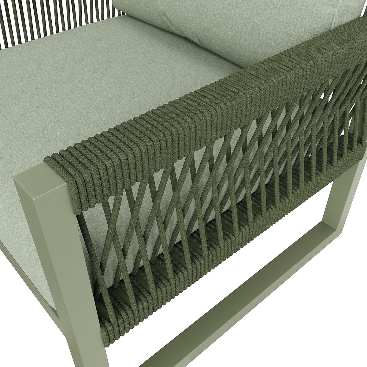 Tuin Loungeset 4-Persoons 120x65x72 cm met Glazen Tafel en Kussens – Touw & Verzinkt IJzeren Frame – Verstelbare Poten – Groen – HomebyNicole