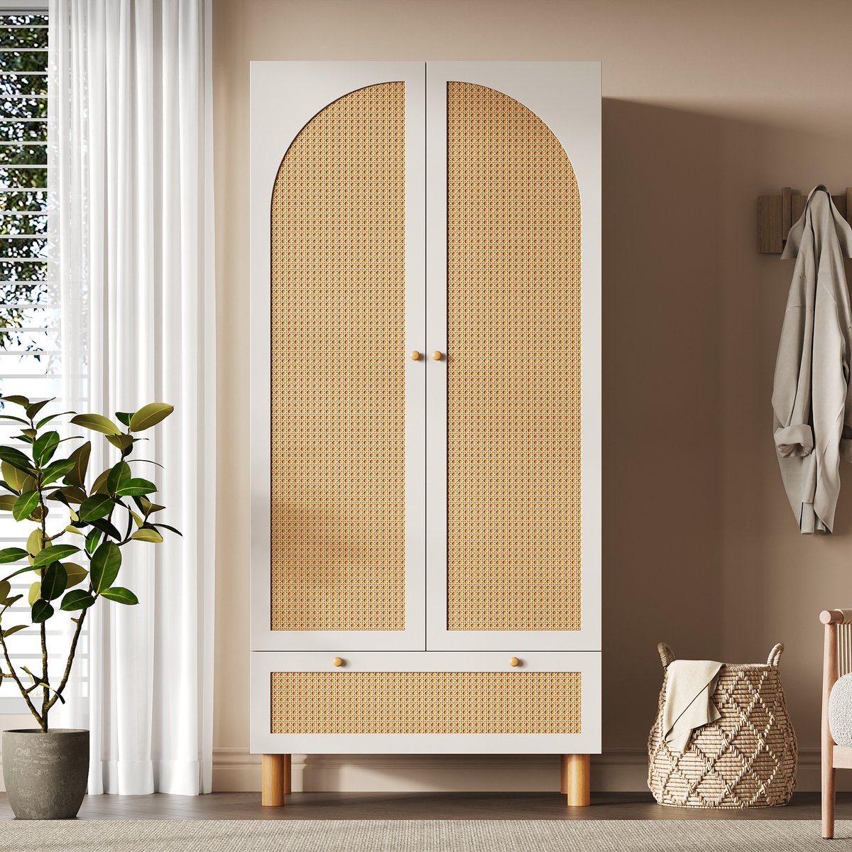 Welltin Kledingkast - Ademend rotan paneel - 180 x 85x 52 cm -Opbergkast - Met Grote Lade - Met in hoogte verstelbare legplanken - Wit