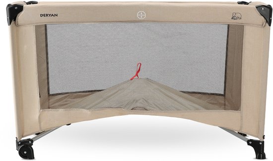 Beige Deryan campingbedje met gaaswanden en een rode rits, op poten.