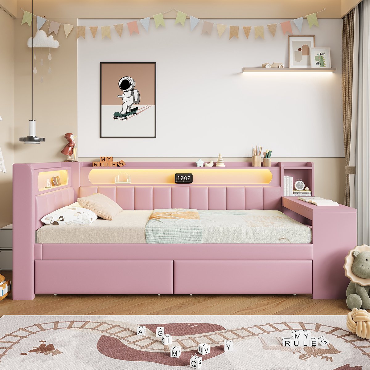Zubaliya Kinderbed 90 x 200 cm – met LED-verlichting, USB-aansluiting en bureau – voor kinderkamer en tienerkamer – praktisch ruimtebesparend ontwerp Roze