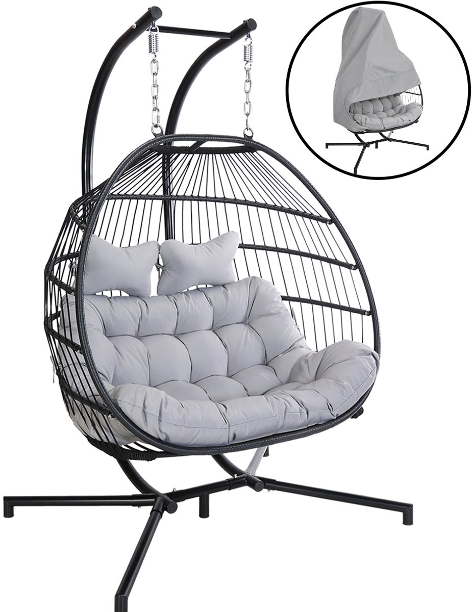 Ogarden Hangstoel Alta met Weerhoes - 2 Persoons Hangstoel met Zwart Standaard - Grijs Kussen - Opvouwbare Basket - Voor Binnen & Buiten