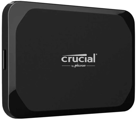 Zwarte Crucial X9 externe SSD met USB 3.2 Gen2 aansluiting.