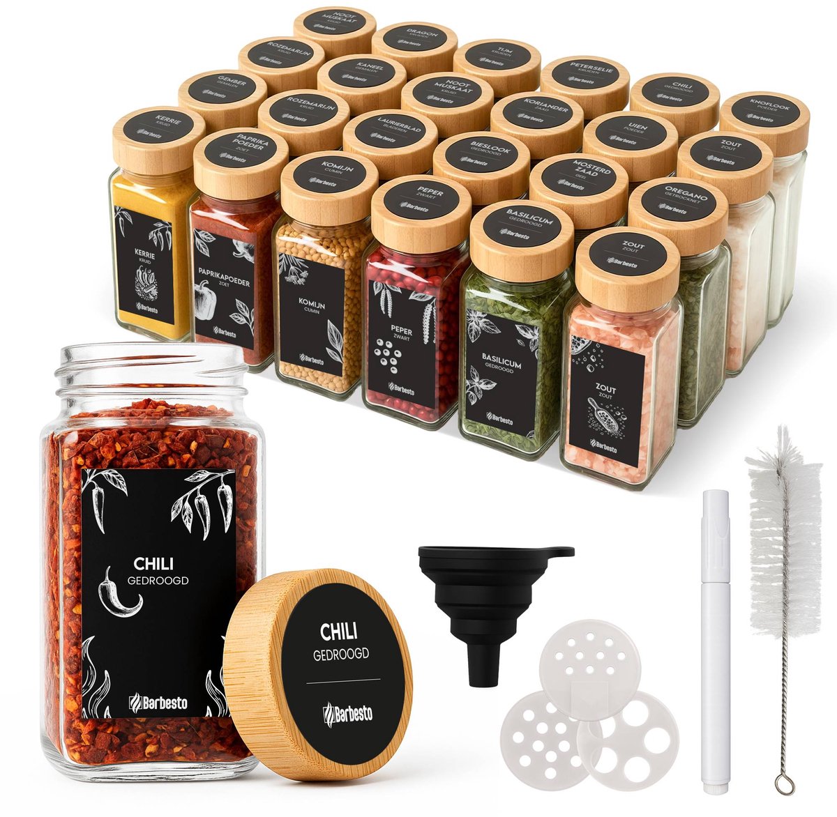 CLP Kruidenpotjes Vierkant - 24 stuks - 120 ml - Met etiketten - Bamboe Deksel - Natura