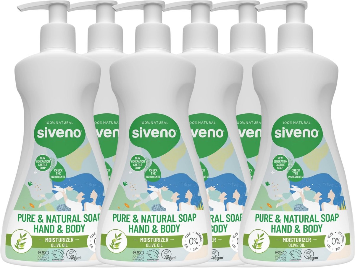 Siveno Natuurlijke Hand- & Bodyzeep Olijfolie – 6 x 300 ml – Voordeelverpakking