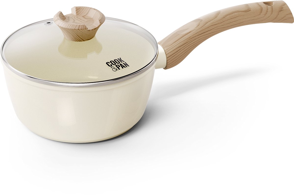 Cook & Pan Steelpan met Deksel Ø 18 cm Beige - PFAS vrij - Alle Warmtebronnen - Cool Touch Handgreep - Steel Pan met 7 jaar Garantie - Vaatwasserbestendig - Gas, Inductie, Elektrisch, Oven, Keramisch - Crème