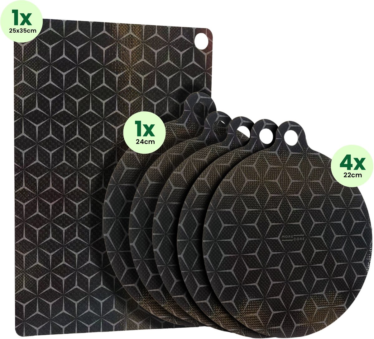 MoreCore Inductie Beschermer - Hittebestendig tot 280 ºC - Inductie Matjes Rond - Panbeschermers - Onderzetters Pannen - Afdekplaat voor Kookplaat - Inductie Mat - Inductiebeschermer - Inductie Afdekplaat - 4x22 + 1x24 + 1x25x35cm