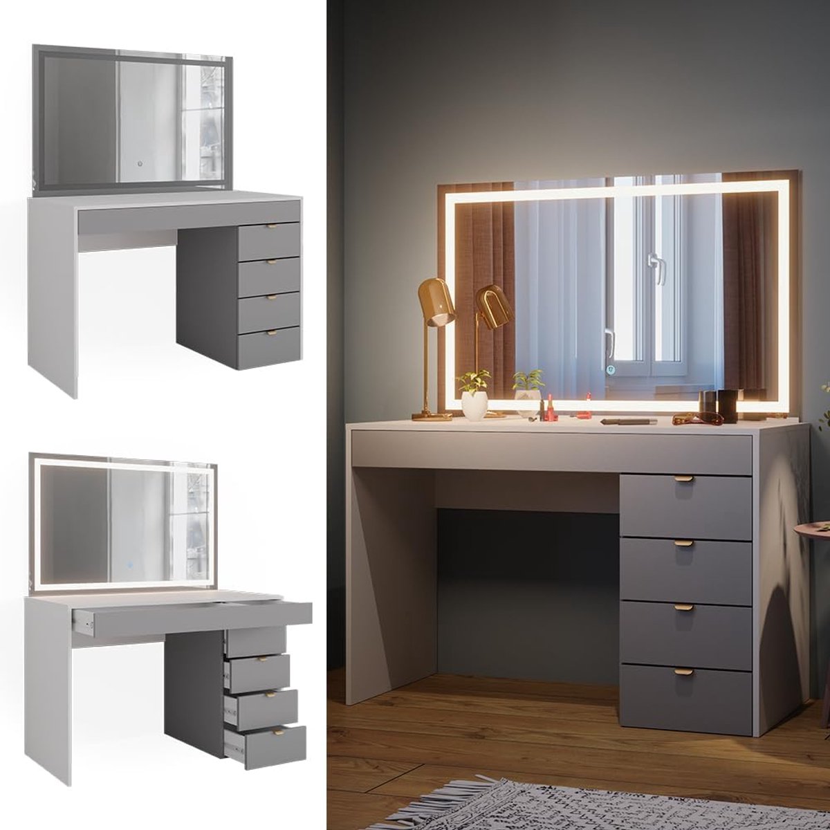 Elise Grande Luxe Make-up Station – Moderne Kaptafel met LED-Spiegel, Metalen Frame & 4 Lades – 115x55x76 cm