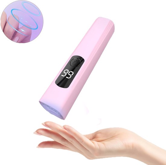 Roze nageldroger met digitaal display '99' zweeft boven een hand, met een detail van een hand die UV-licht ontvangt.
