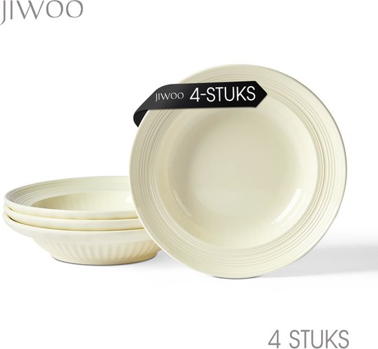 Set van 4 witte JIWOO pastaborden, met de tekst 'JIWOO 4-STUKS'.