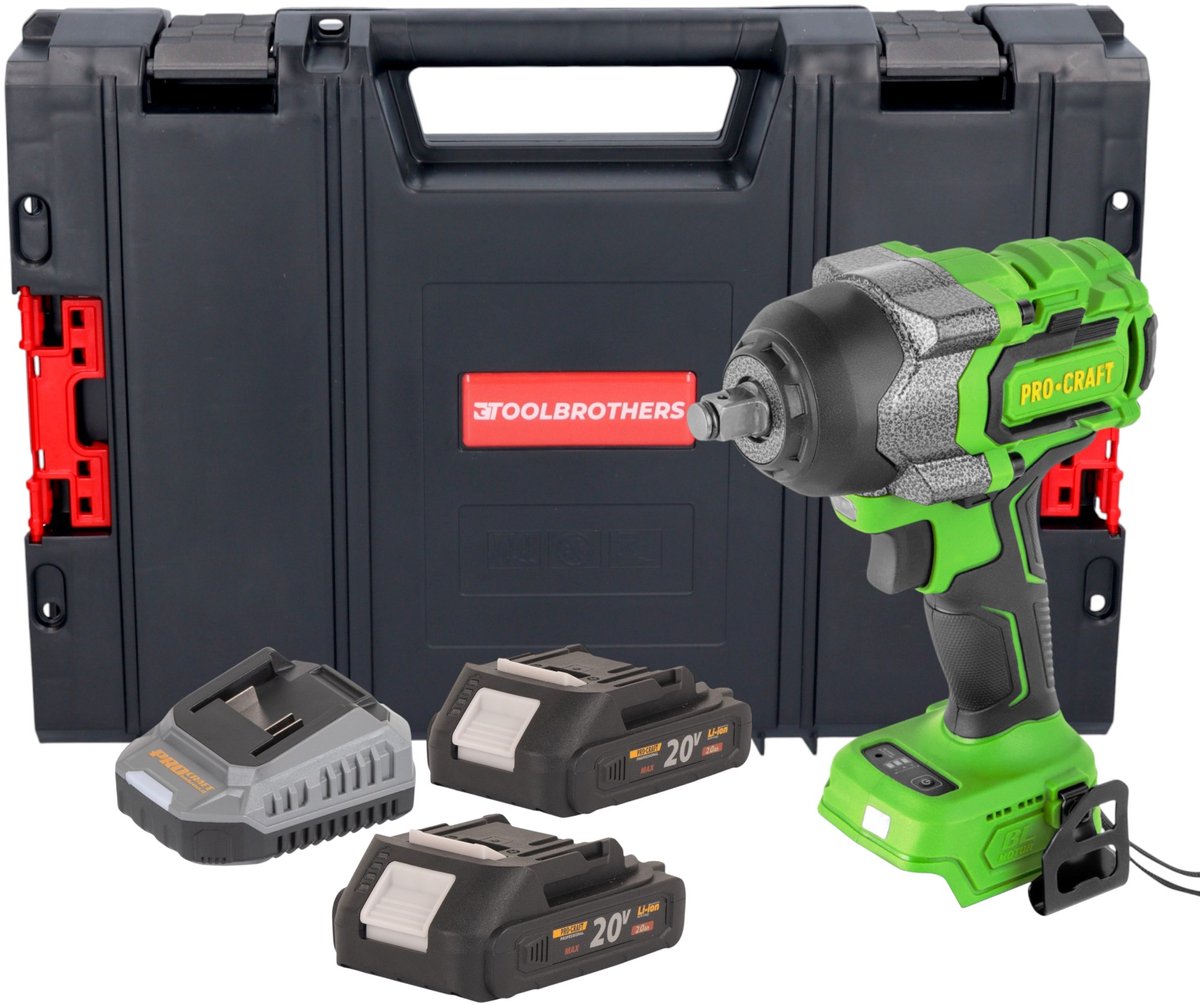 Procraft PWA36bb accu-slagmoersleutel 20 V 850 Nm 1/2" borstelloos + 2x accu 2,0 Ah + oplader + RHINO-gereedschapskoffer