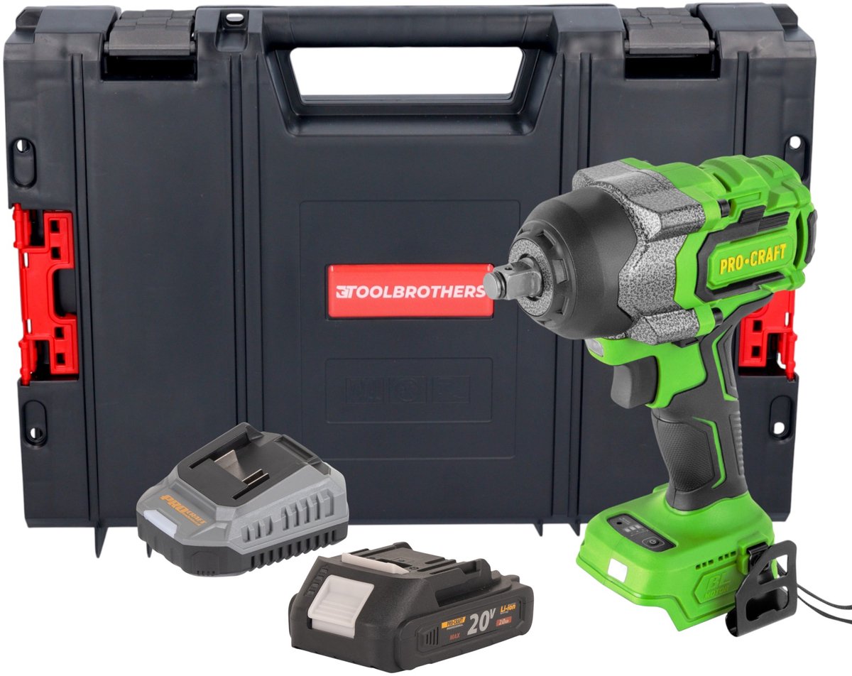 Procraft PWA36bb accu-slagmoersleutel 20 V 850 Nm 1/2" borstelloos + 1x accu 2,0 Ah + oplader + RHINO-gereedschapskoffer