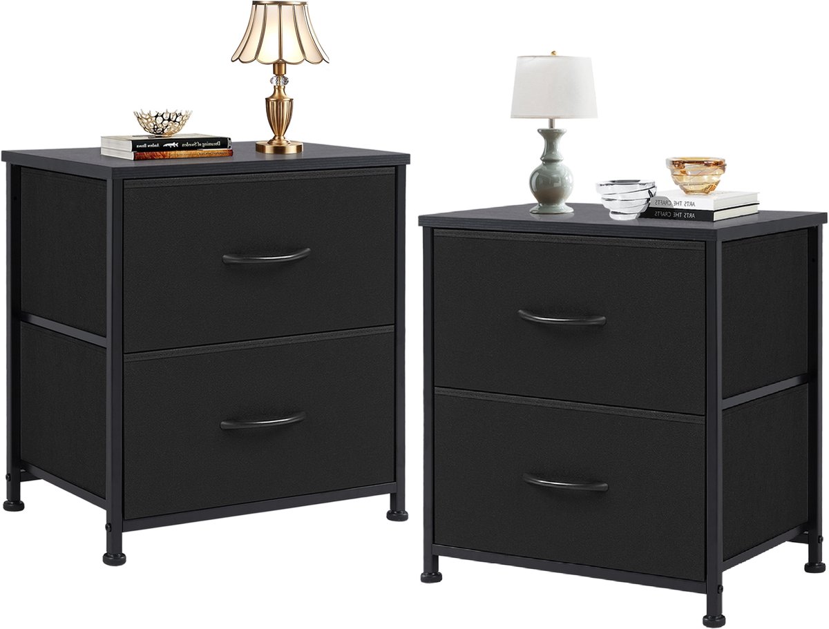 2-Delige Nachtkastjes Set met 2 Lades – Bedside Tafels 45×30×50 cm – Moderne Nachtkastjes Zwart met Metalen Poten (H10 cm) – Draagvermogen 20 kg