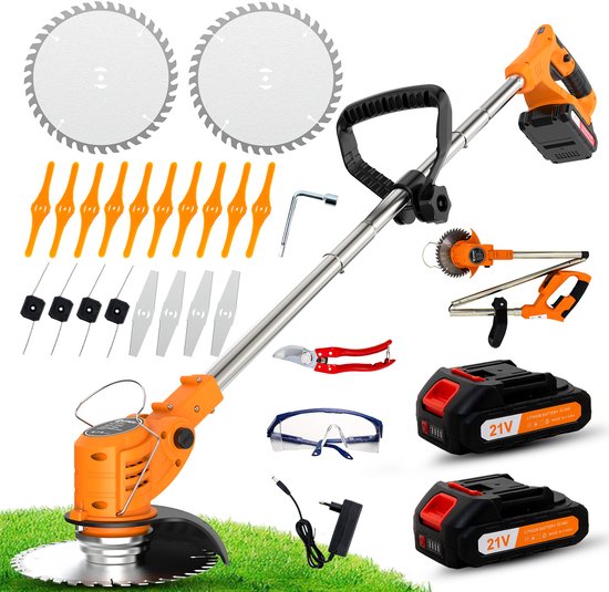 Oranje grastrimmer met extra onderdelen: 2 accu's, zaagbladen, snijkoppen, schaar en veiligheidsbril.