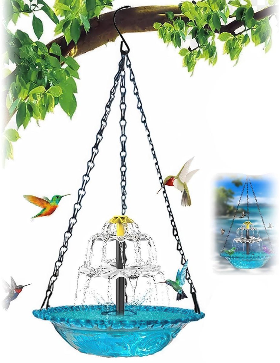 Hangende vogelbadfontein op zonne-energie, drielaags ontwerp, met waterpomp op zonne-energie, grote kolibriefontein, Geschikt voor tuinen, terrassen, gazons en achtertuinen.