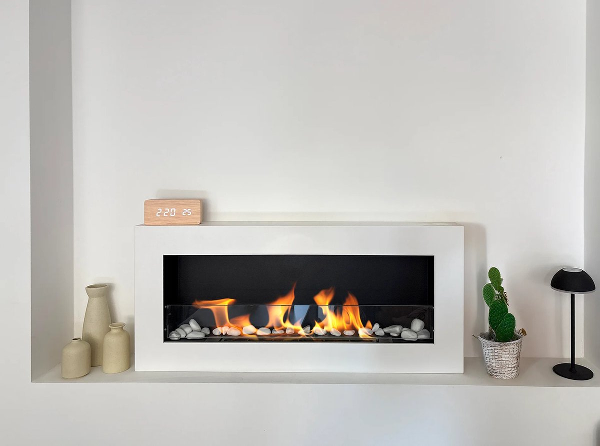 Bio-ethanol wandhaard 90x40 cm box wit mat (structuur) met glas – moderne sfeerhaard zonder schoorsteen