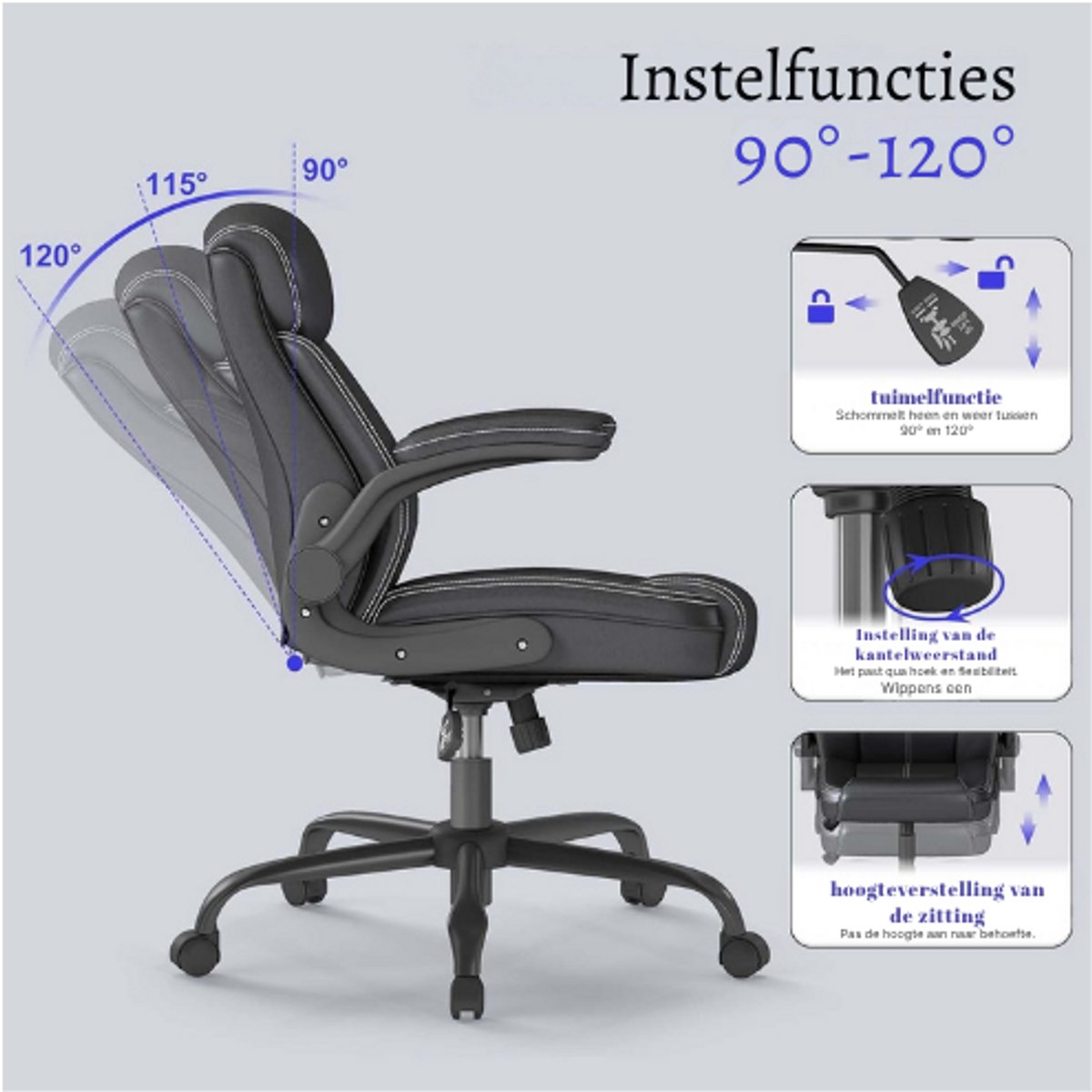 ANYGOD Ergonomische Directeursstoel Van Kunstleer - In Hoogte Verstelbare Bureaustoel - Opklapbare Armleuningen - 360° Draaistoel - Belastbaar Tot 136 Kg - Comfortabele Stoel Voor Thuiswerken En Kantoor - Zwart thumbnail 4