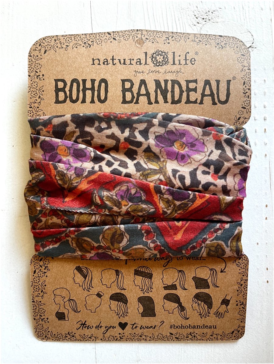 Brede Boho Bandeau haarshawl met vrolijke mix and match print, Natural Life, Lovely Scarfs sjaaltje, tubeshawl, hoofdband, headband, kaalheid, bohemian stijl, zonbescherming