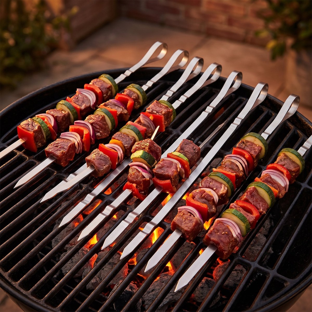 Cheqo® BBQ Spiezen Set van 8 - RVS - Vleesspiezen - Grillspiezen - Barbecue Spiezen - Satéprikkers - Vleespennen - Kebab Spiezen - Grillspiesjes - Vleesspies - Shashlick - Barbecue Accessoires - Satestokken