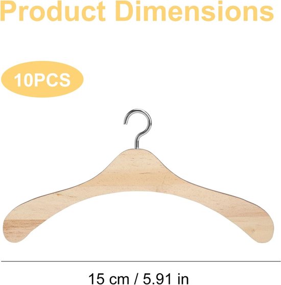Een enkele houten kleerhanger, 15 cm lang, met een metalen haakje. Aangeduid als '10PCS' en 'Product Dimensions'.