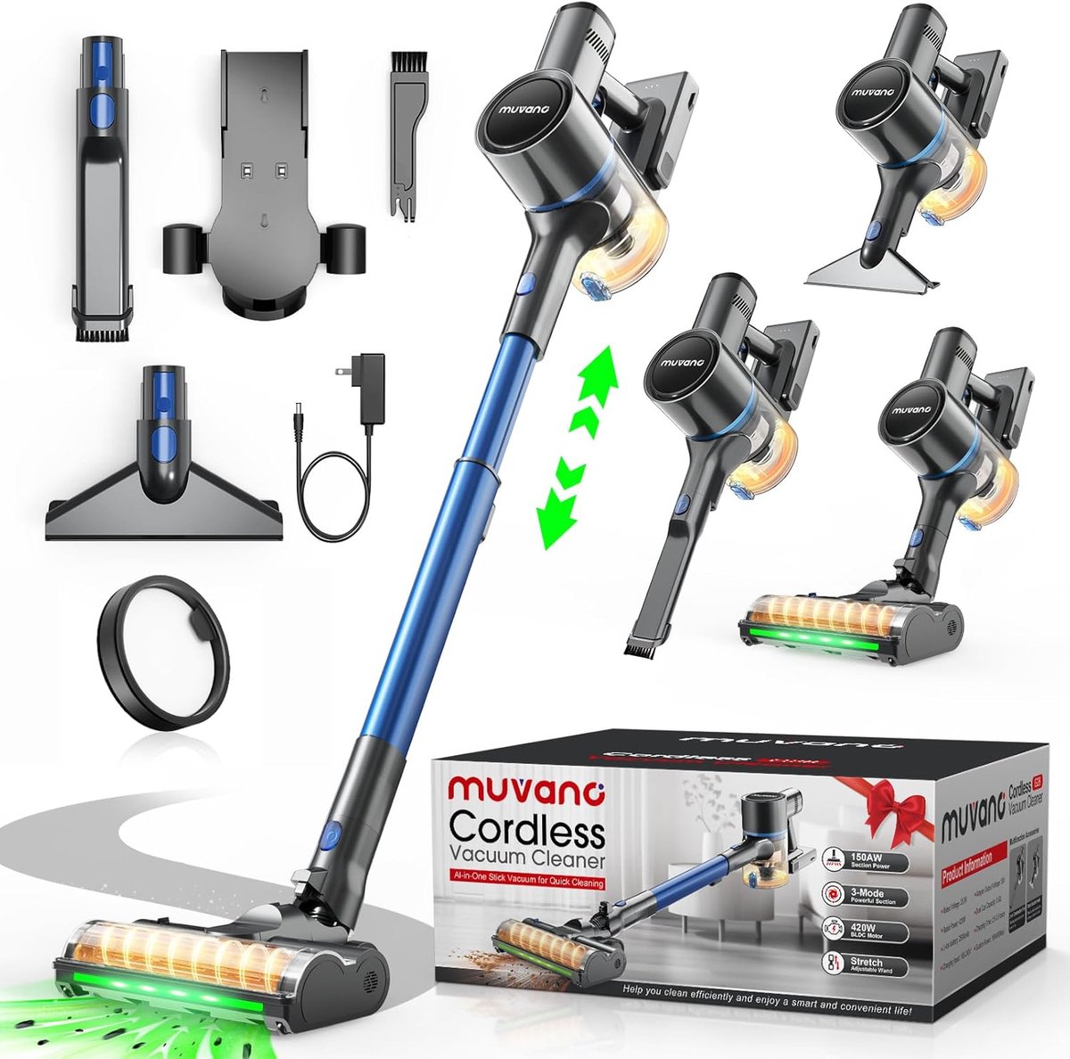 Muvang Steelstofzuiger Draadloos - Steelstofzuiger- 500W - HEPA Filter - Kruimeldief - Op Accu-Zonder Zak - Vacuum Cleaner-Blauw-moederdag