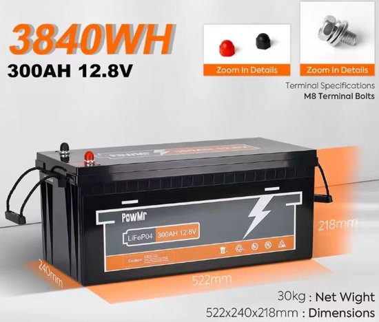 12V - 300Ah accu - LiFePO4 batterij - ingebouwde BMS - 150A laden en ontladen - 3,6 KWh - 24Kg - voor off-grid, boot, camper, zonnepanelen
