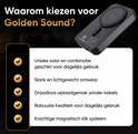 Promotionele afbeelding met de Golden Sound powerbank en kenmerken zoals zonne-energie en magnetisch opladen.