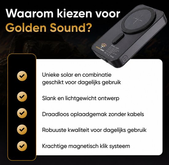 Promotionele afbeelding met de Golden Sound powerbank en kenmerken zoals zonne-energie en magnetisch opladen.