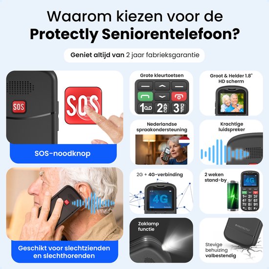 Overzicht van de functies van de Protectly seniorentelefoon: SOS-knop, grote knoppen, luid volume, 4G, etc.