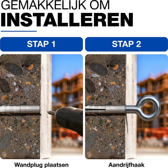 Stap 1: Wandplug plaatsen met boor. Stap 2: Aandrijphaak monteren in wand.