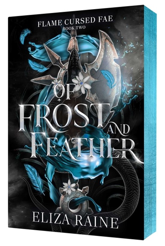 Boekcover 'Of Frost and Feather' met glinsterende tekst, turquoise veren en een wapenschild.