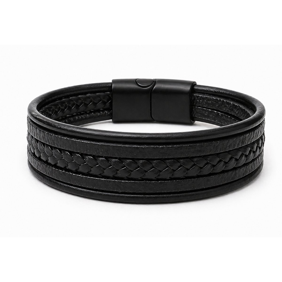 Zwarte leren heren armband – vegan leer – gevlochten design – magneetsluiting
