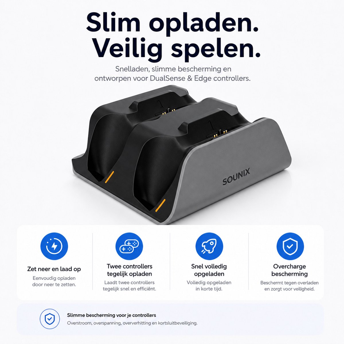 Sounix Oplaadstation geschikt voor PS5 / PS5 Slim / PS5 PRO / DualSense Controller - PS5 accessoires - Dual Oplader - Charging Dock- Grijs – foto 5