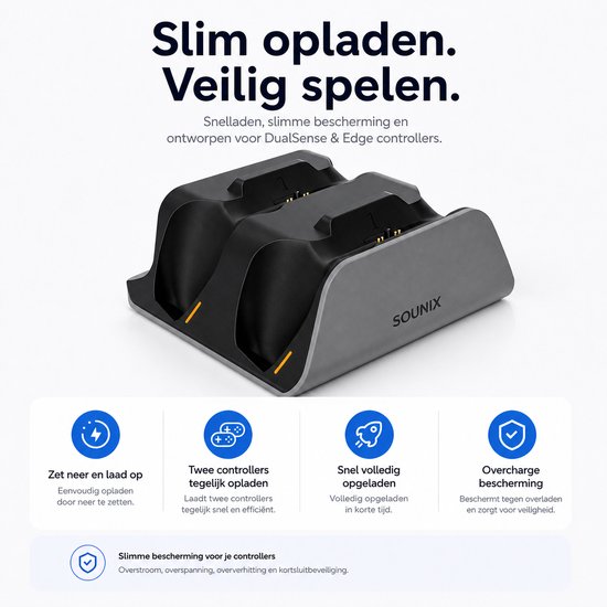 Zwart en grijs oplaadstation voor DualSense & Edge controllers, met focus op snelladen.