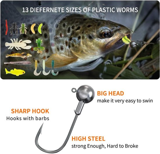 Kit met zoetwater visgerei is geschikt voor vissen zoals baars, forel en zalm. Het bevat lepels, zachte plastic wormen en ander kunstmatig aas, wat het een ideaal cadeau voor vissers maakt. van Merkloos — afbeelding 4