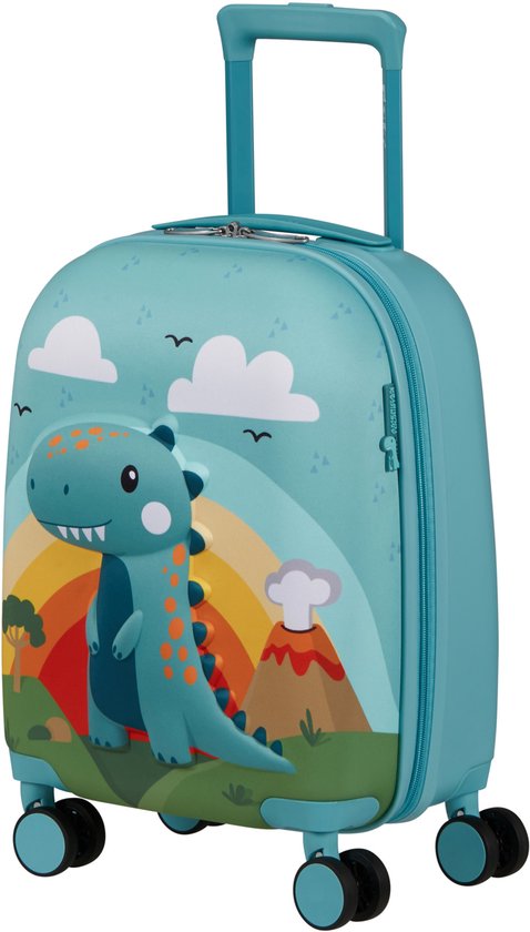 Turquoise kinderkoffer met dinosaurus, regenboog en vulkaan print. Met uitschuifbaar handvat.