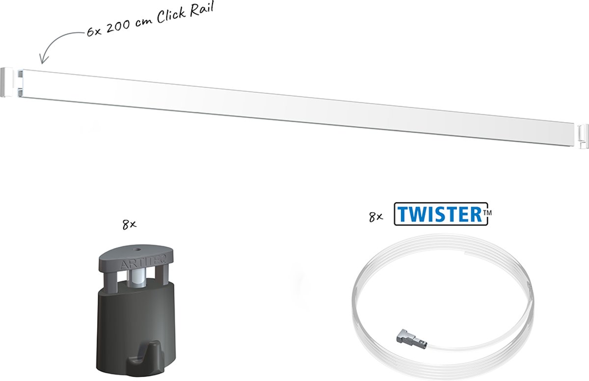 Artiteq Click Rail Schilderij Ophangsysteem 12 meter - Complete Set - Inclusief haken, draden en bevestigingsmaterialen - Wit primer RAL 9016 - 20 kg/m