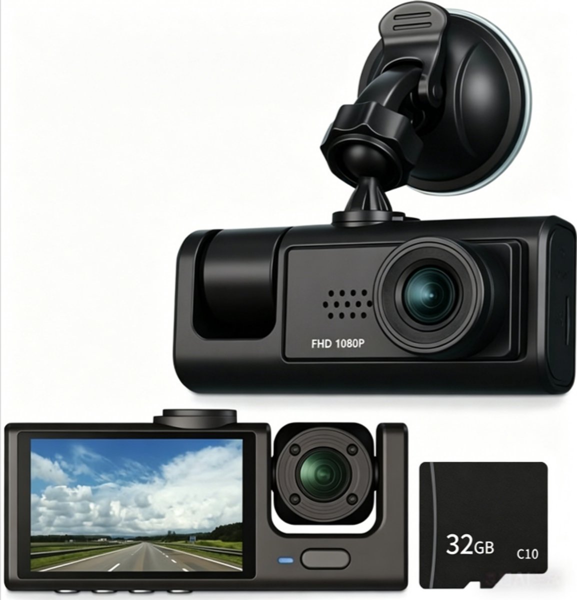 Driecamera-dashcam - 170° groothoek - Drie camera's voor, in en achter de auto - Full HD - 2-inch scherm - Nachtzicht en botsingsdetectie - Cyclische opname - Achteruitrijbeeld - Inclusief 32 GB SD-kaart