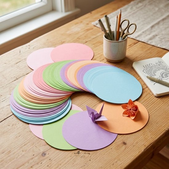 Pastelkleurige papieren cirkels gerangschikt in een boog, met een papieren kraanvogel en een papieren bloem, een schetsboek ernaast.
