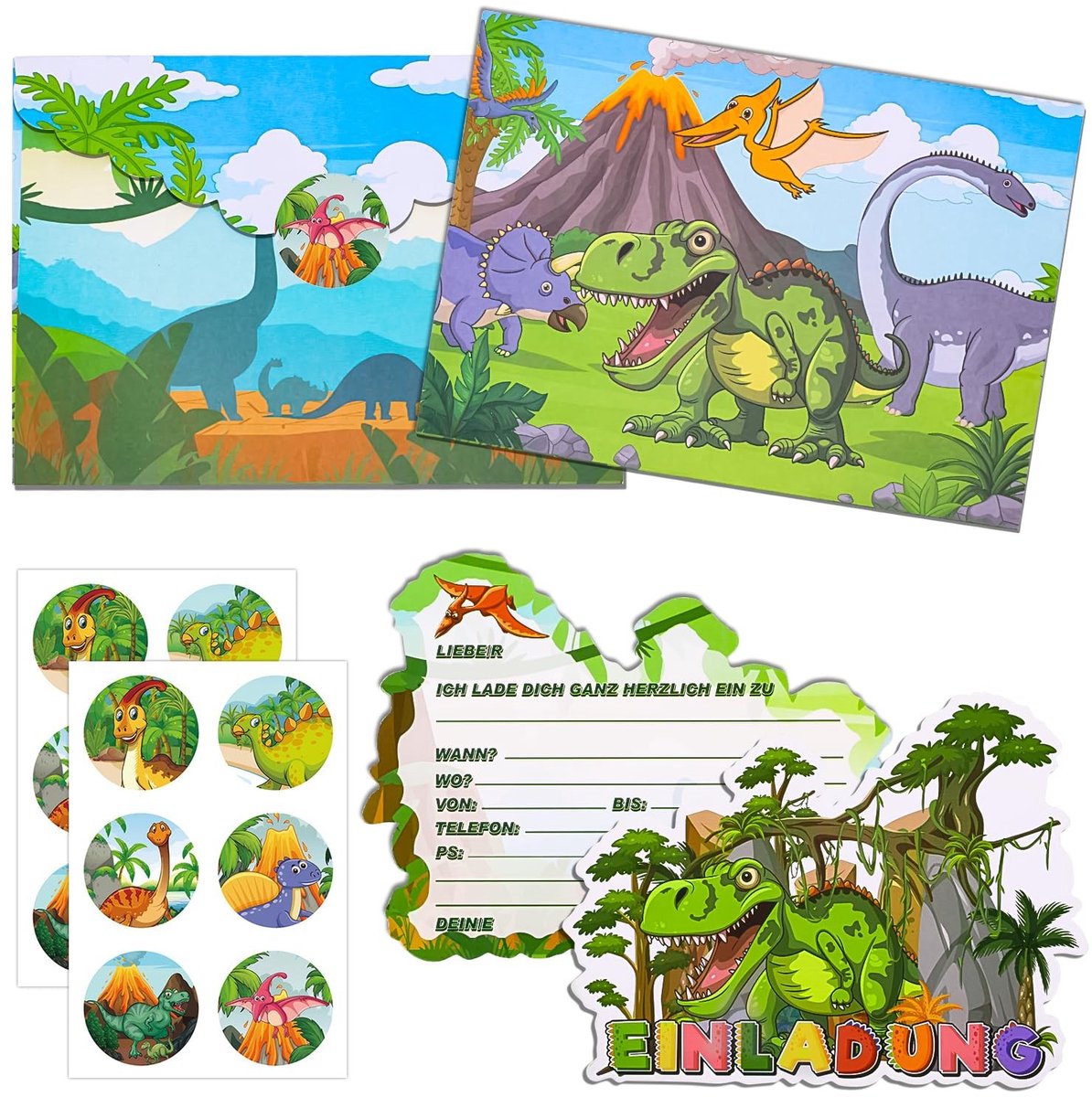 Allecto - Dinosaurus-uitnodigingskaarten - Verjaardagsuitnodigingen - Kleurrijke ontwerpen - Met enveloppen en stickers - Feestuitnodigingen - Gesc...