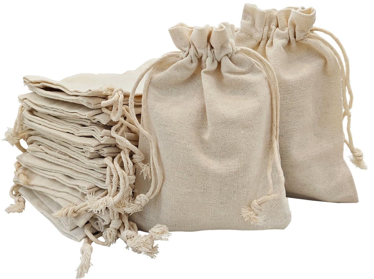 Allecto - Katoenen Tassen - Trekkoord Tassen - Herbruikbaar en Duurzaam - Beige - Cadeautas - Perfect voor Bruiloft en Geschenken - 30 Stuks