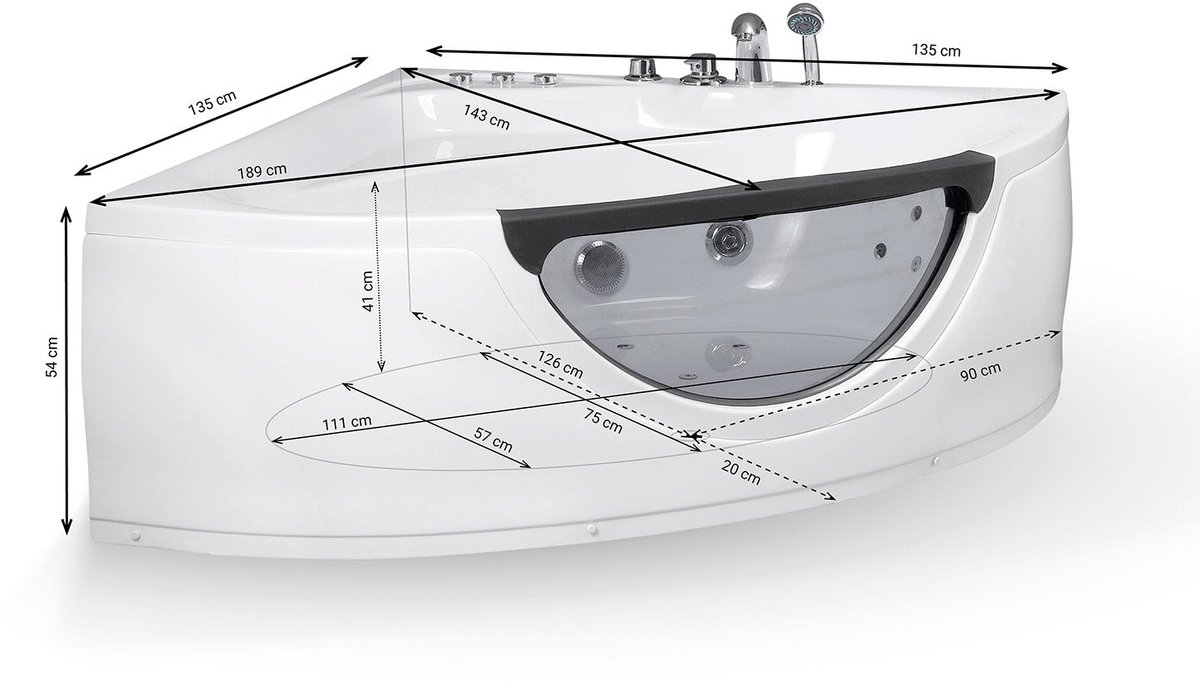 SPALINA - Whirlpool bad - Tasmanie Jets, 135 x135 x54 cm, Zwart en wit