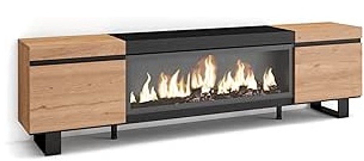 TV Meubel met Elektrische Haard 208x35x57 cm XXL – Industrieel Lowboard voor TV tot 80 inch met LED Sfeerhaard, Opbergruimte en Deuren – Modern Eiken/Zwart
