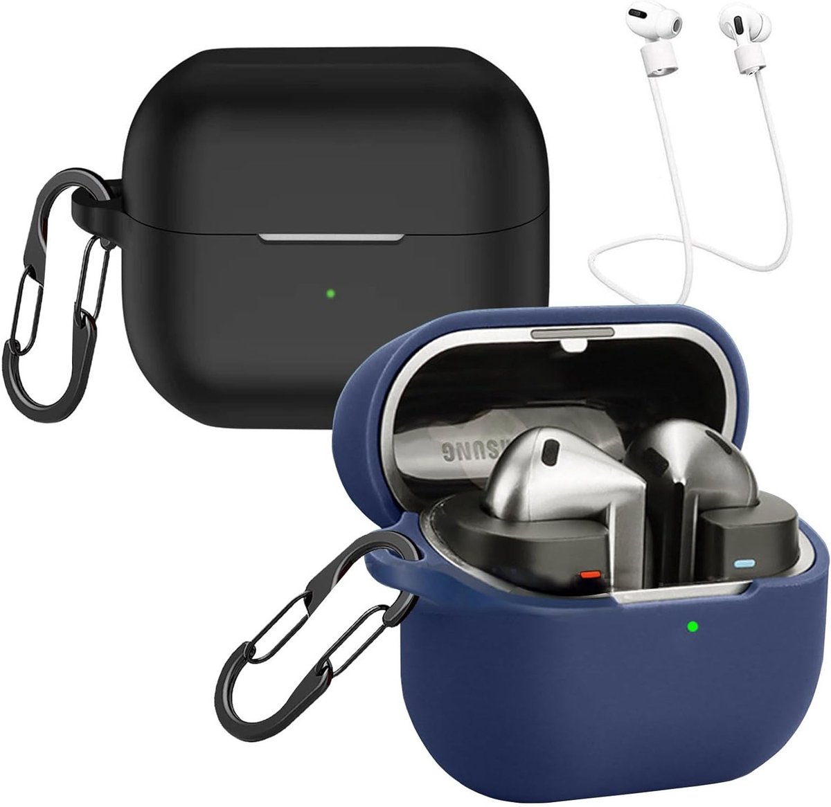 Beschermende Silicone Hoes voor Samsung Galaxy Buds 3 FE, Buds 3 en Buds 3 Pro met Carabiners en Anti-verlies Straps - Zwart, Schokbestendig en Duurzaam