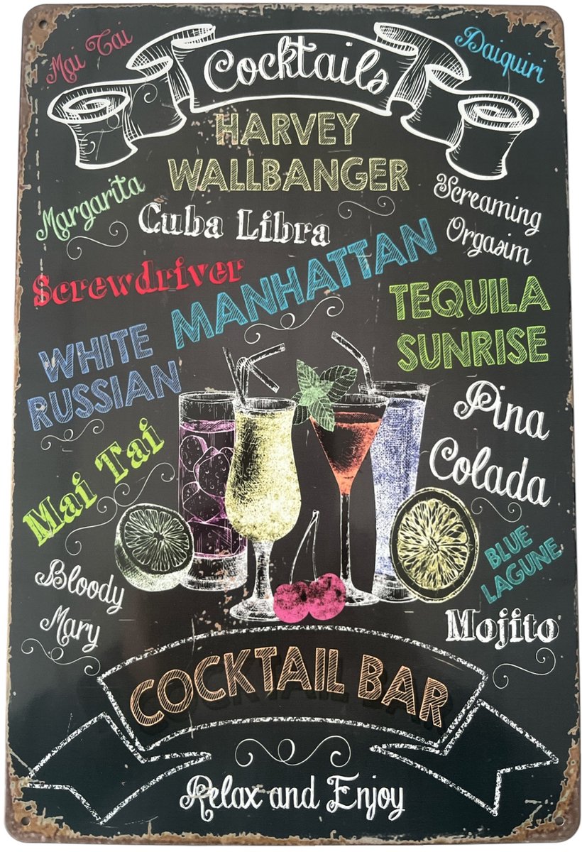 Vintage art Wandbord – Cocktail - Bar - Retro - Wanddecoratie – Reclame bord – Restaurant – Kroeg - Bar – Cafe - Horeca – Metal Sign – 20x30cm Multi