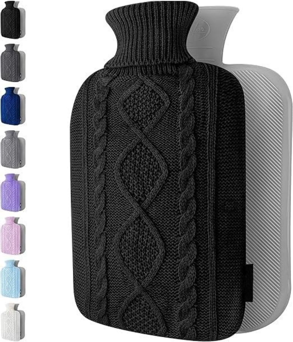 Verte Kruikzak - Warmwaterkruik met Gebreide hoes - Zachte Hoes van Topkwaliteit - Warmwaterkruik voor Pijnverlichting Bij Rug - Nek- en Schouderklachten - Leuk Cadeau voor Vrouwen en Kinderen - Zwart - 1,8 L