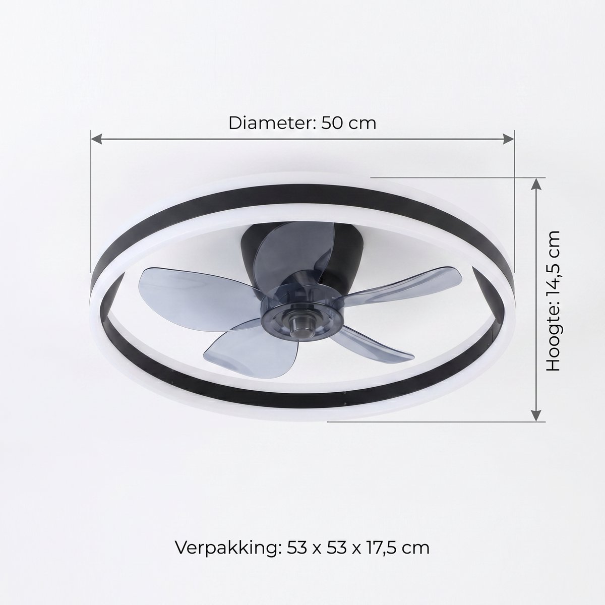 Plafondventilator met verlichting - Zwart - LED Ring 32W - Ø 50cm - Fluisterstil - App & Afstandsbediening - Dimbaar - Plafondlamp woonkamer - Plafonniere slaapkamer - Plafondlampen - Ventilator plafond thumbnail 7