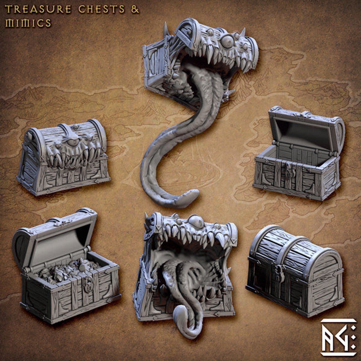 Treasures and Mimics Chests - 32mm scale miniatures - DnD - D&D miniaturen - Miniatuur