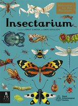 Boek "Insectarium" met diverse insectenillustraties, waaronder een bidsprinkhaan, kever, vlinders en bij.